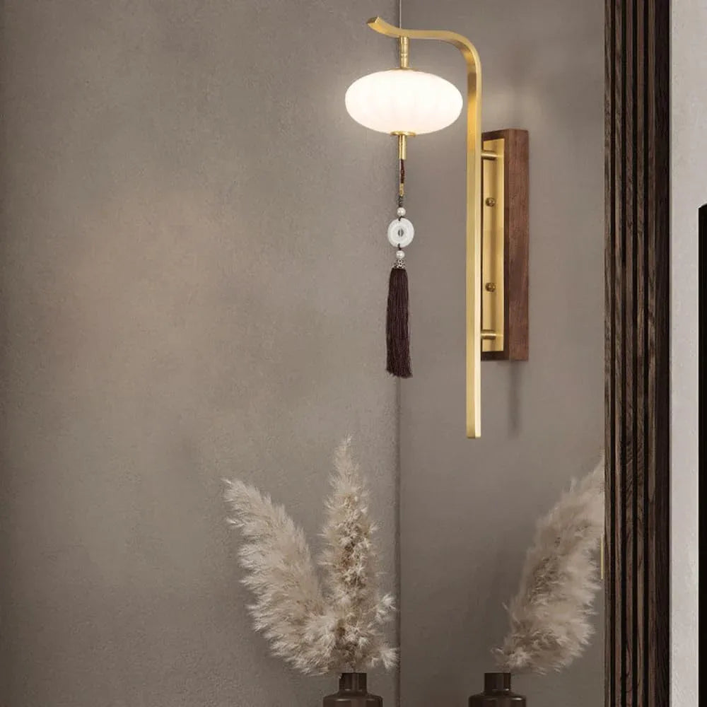 Audara-New Chinese Style Full Copper Wall Lamp Light Luxury Living Room Background Wall Lights Creative Walnut Sconces Bedroom Bedside Decoration Mounted Lighting Fixture