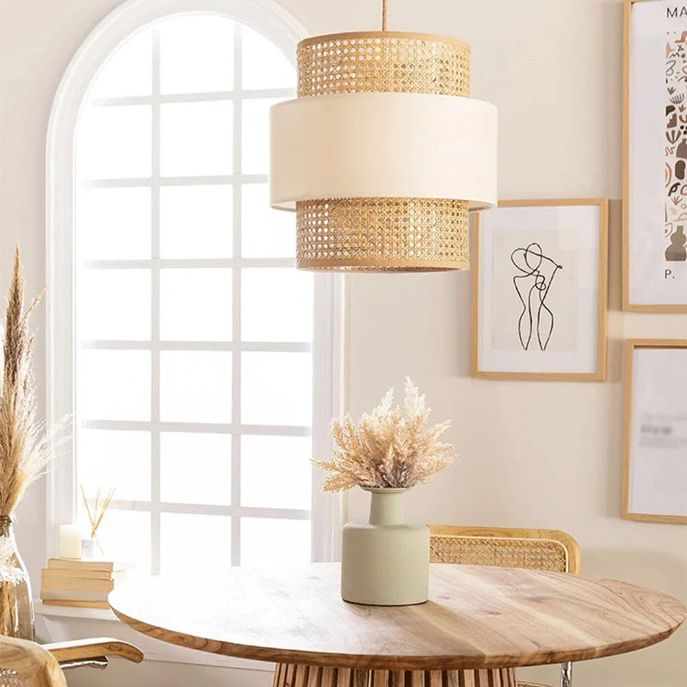 Audara-12-inch Woven Pendant Light Metal Frame with Parchment and Synthetic Rattan Shade Bohemian-Style Ceiling Light Fixture Suitable for Bedrooms, Hotel Lobbies, Entryways, and Kitchen Islands