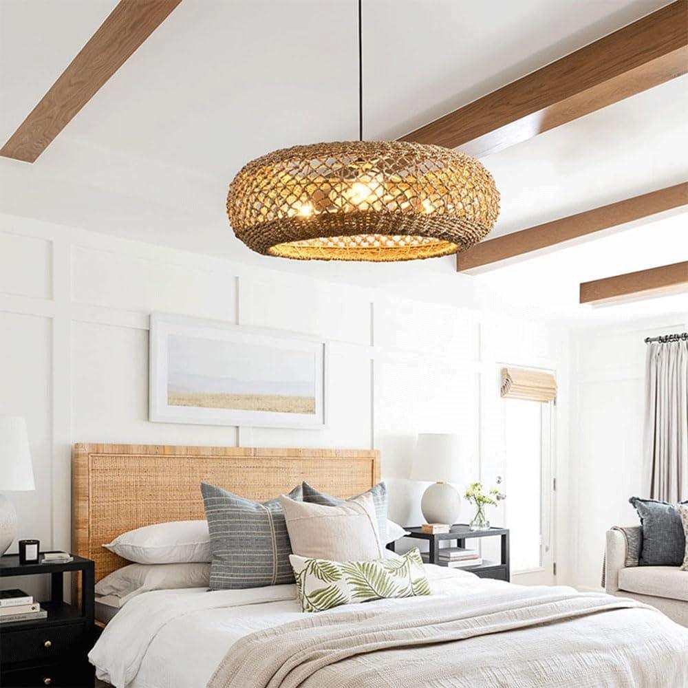 Audara-Chinese Elegant Zen Grass Rattan Color Pendant Light Rattan Round Hanging Lamp E26/E27 Lamp Base Diameter 19.7in Chandeliers For Hallway Stairwell Living Room Bedroom Dining Room Lighting Fixtu