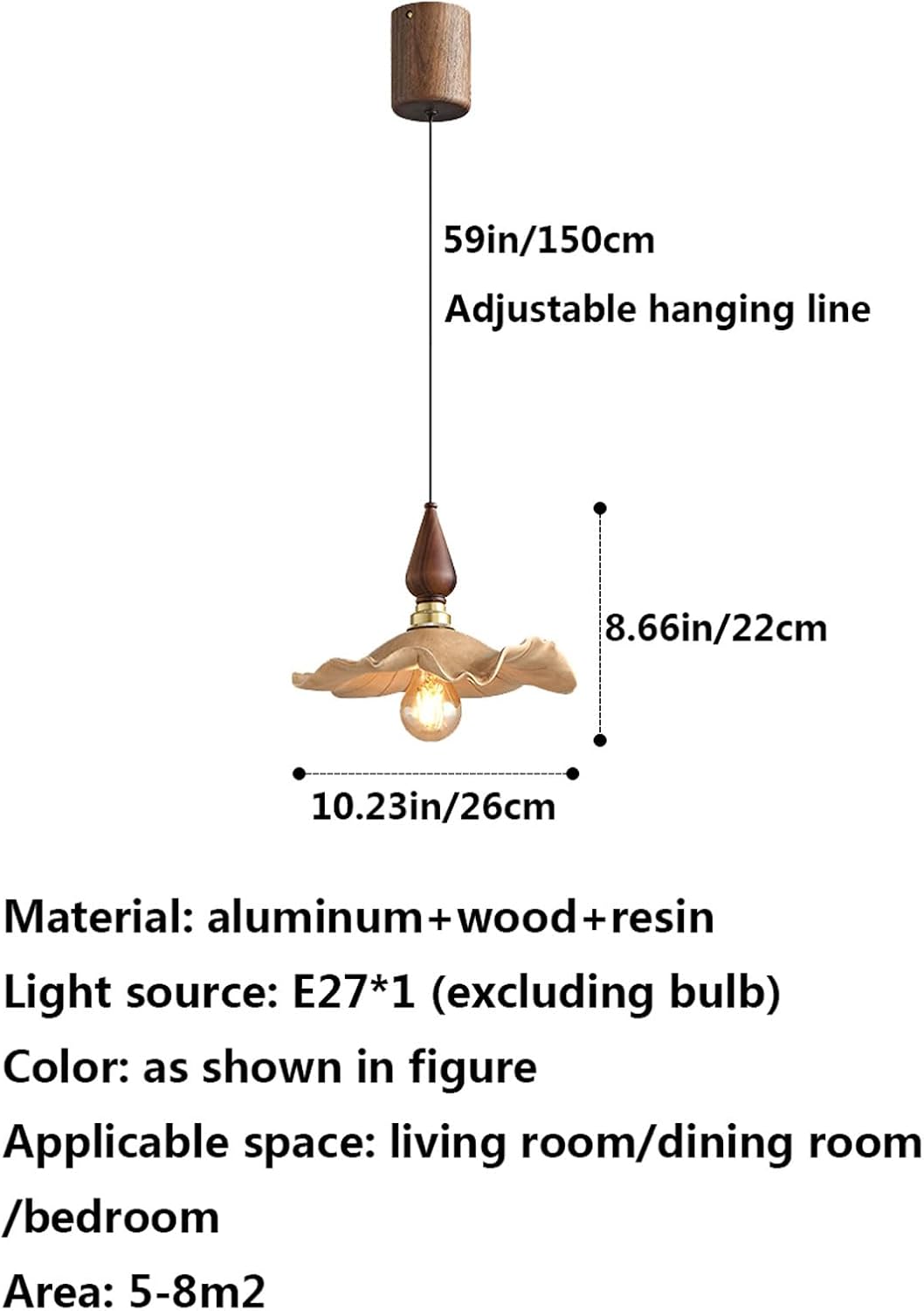 Audara-Wood Color Lotus Leaf Resin Pendant Light Gold Aluminum Body Bedroom Bedside Hanging Lamp 10.23in E27 Base Single Head Living Room Dining Chandeliers Cafe Lighting Fixtures