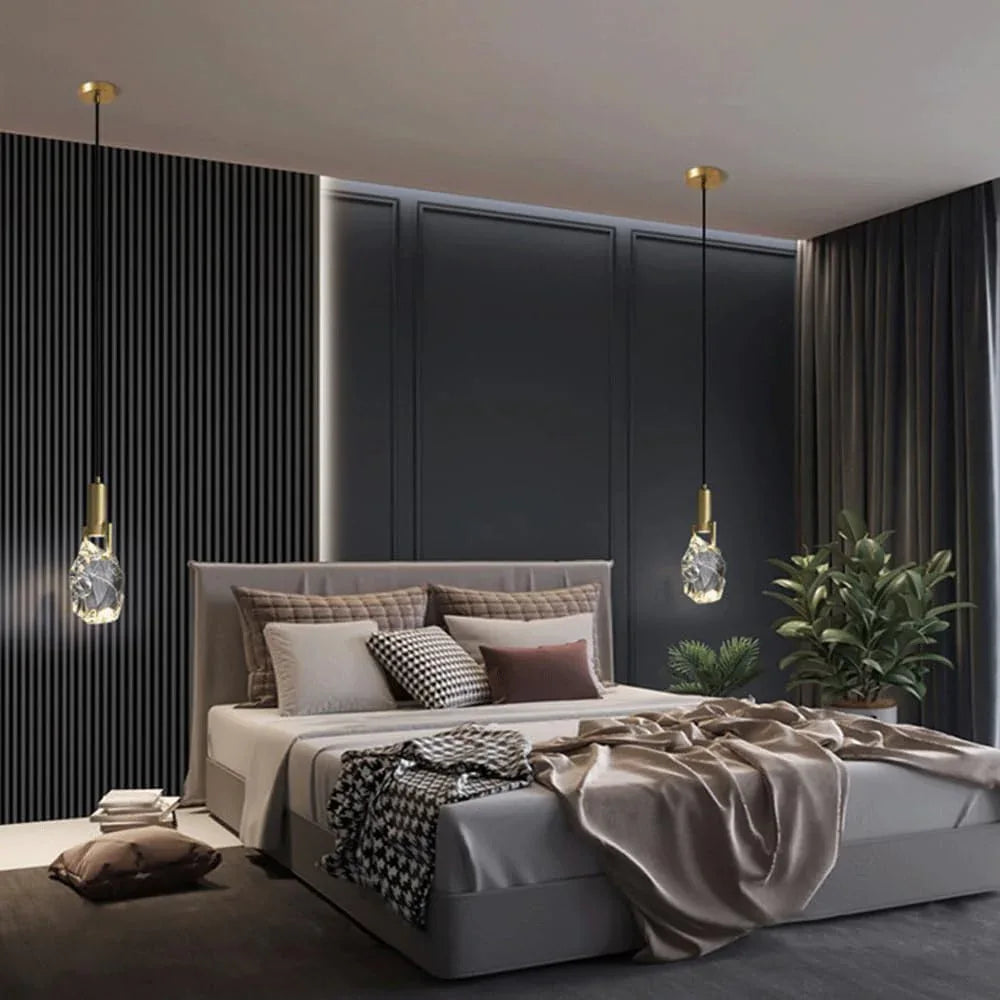 Audara-All Copper Single Head Crystal Bedside Pendant Light Light Luxury Post-Modern Hanging Lamp Living Room Study Background Decoration Chandelier Simple Long Line Lighting Fixture