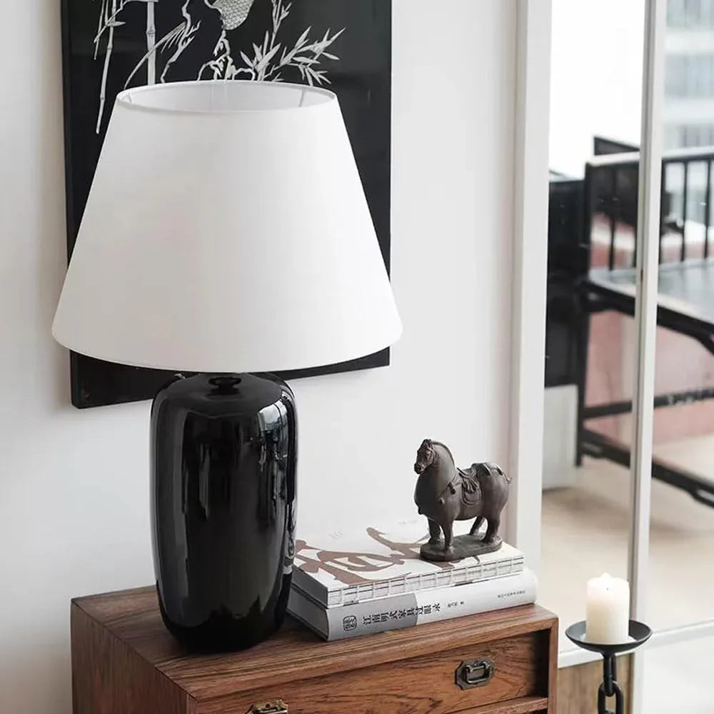 Audara-New Chinese Study Bedroom Bedside Desk Light Office Living Room Wall Cabinet Desk Lamp Villa Farmhouse Club B&B Decoration Table Lamp Luxury Modern Fabric Black Ceramic Lighting Fixture