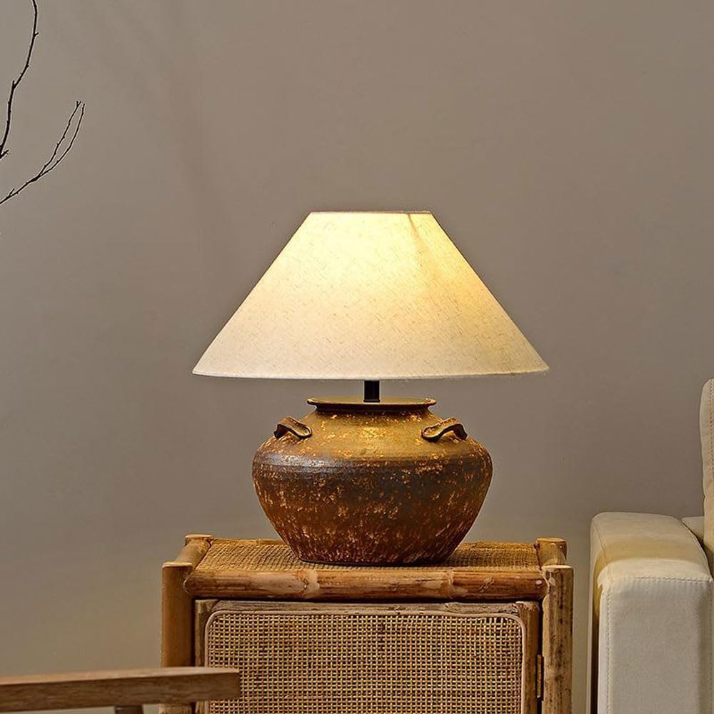Audara-Japanese Wabi-sabi Tea House Study Living Room Desk Light Natural Vintage Pottery Desk Lamp Club Coffee Shop Hotel Front Desk Table Lamp Farmhouse Cottage Rustic Lighting Fixture