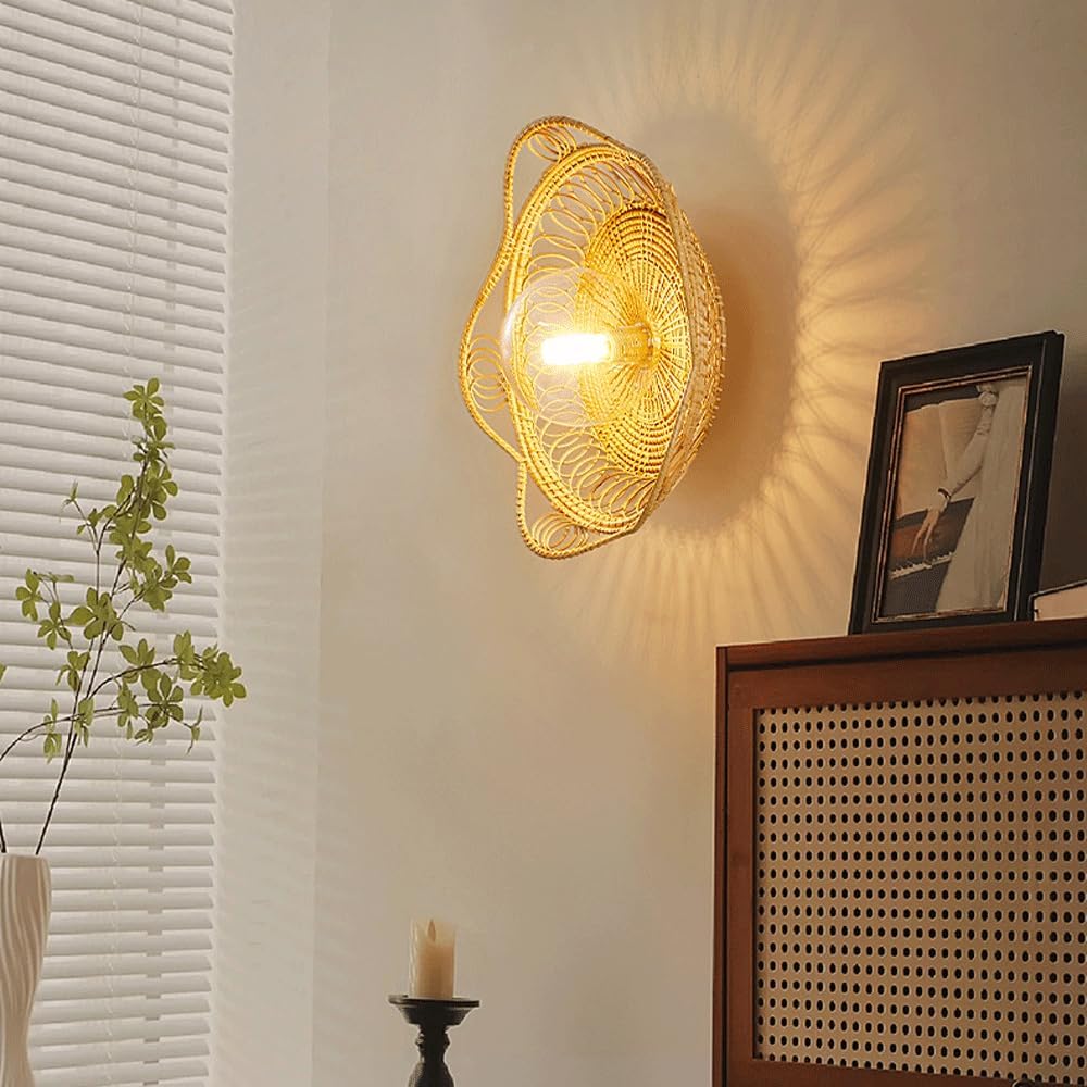 Audara-Original Bamboo Woven Wall Lamp Chinese Bamboo Art Simple Wall Lights Japanese Zen Tea Room Restaurant Sconces Hand Woven 11.42in Art Mounted Lighting Fixture