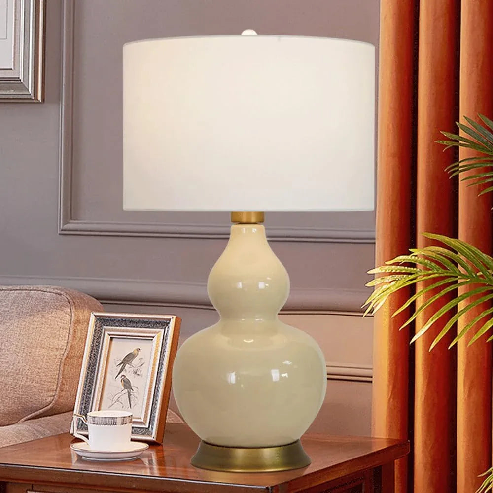 Audara-American White Fabric Gourd Shaped Ceramic Desk Light New Chinese Zen Living Room Study Tea House Desk Lamp Club Coffee Shop B&B Table Lamp Bedroom Bedroom Sample Room Lighting Fixture