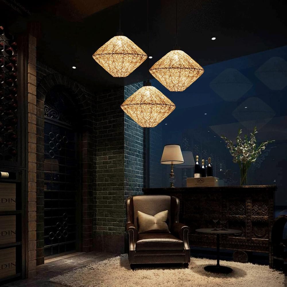 Audara-16in Woven Rattan Pendant Light Bohemian & Wabi-Sabi Style Multi-Functional Ceiling Light Fixture Suitable for Bedrooms, Hotels, Study Rooms, Dining Areas, Entryways, and More Retro Lamp