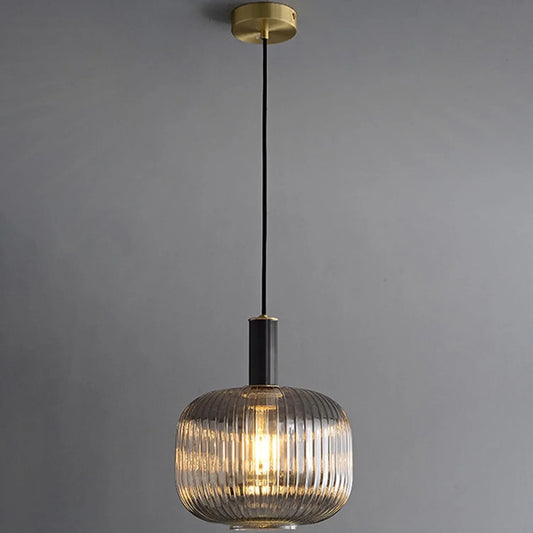Audara-Modern Glass Pendant Light, Ribbed Glass Shade Hanging Lamp, Vintage Industrial Ceiling Light Fixture, Adjustable Cord Pendant Lighting for Kitchen Island, Dining Room, Bedroom