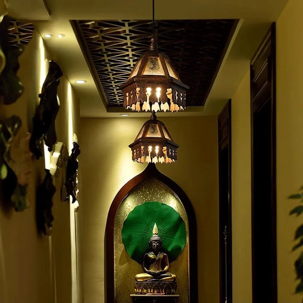 Audara-Southeast Asian Style, 7-inch Diameter, Wood and Glass Retro-Style Pendant Light, Suitable for Bedrooms, Hotels, Shops, Living Rooms, Dining Rooms and Other Styles.