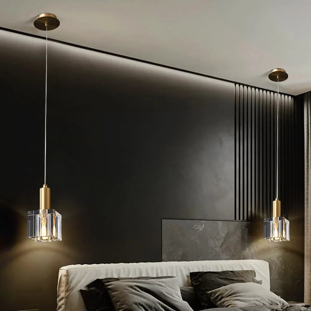 Audara-5-inch Modern Minimalist Crystal Pendant Light, Mini Square Glass Chandelier Suitable for Various Spaces Such As Bedrooms, Kitchen Islands, Dining Rooms, Hotels, Bars, and Cafes