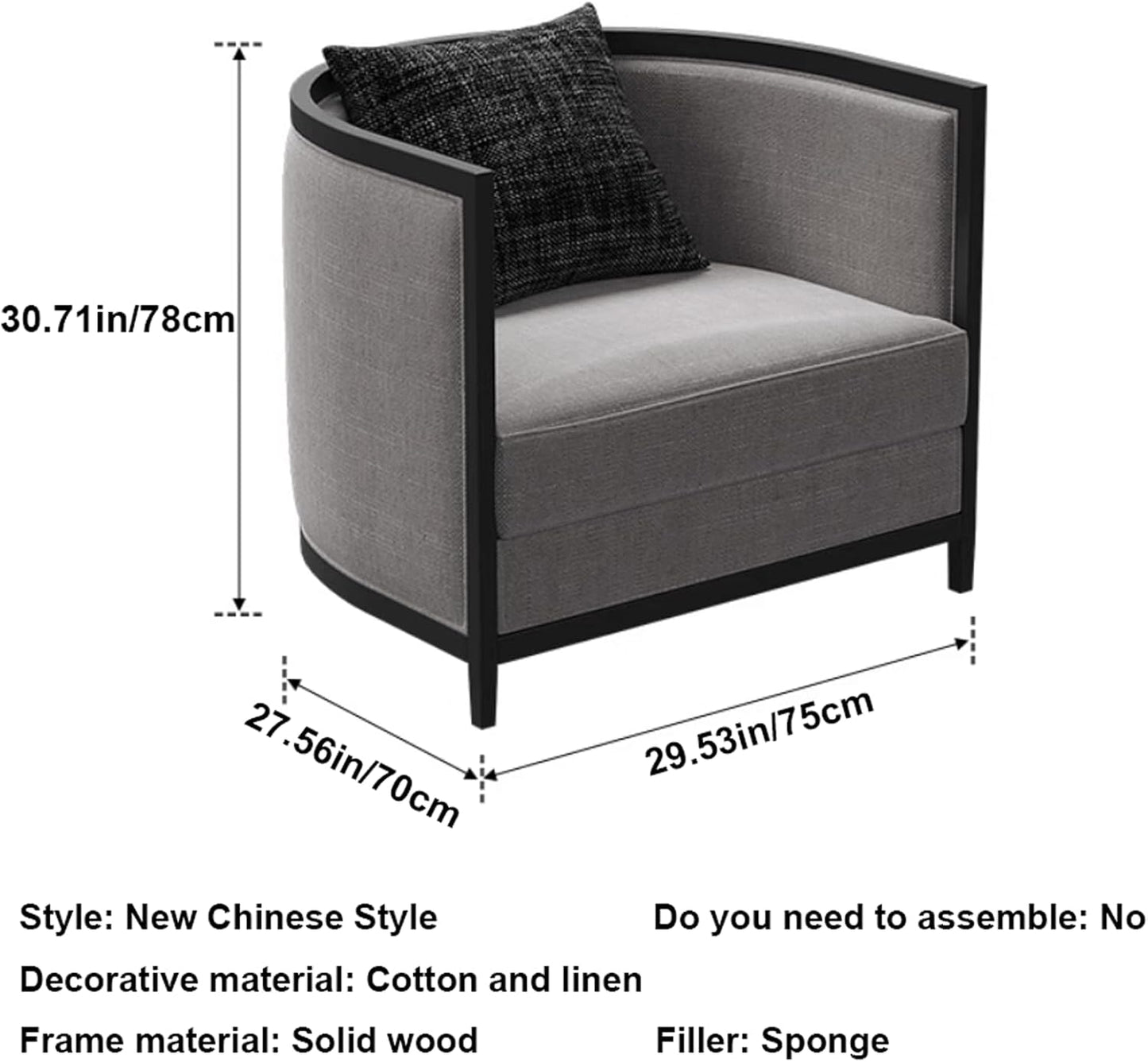 Audara-31 inch single casual arm chair, living room furniture grey cotton linen backrest single sofa chair, luxurious and comfortable appearance, solid wood frame, suitable for balcony, club, office use