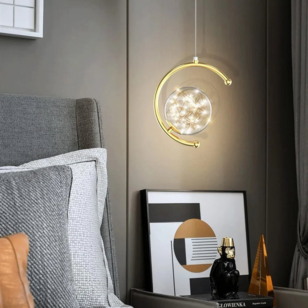Audara-Personalized Creative Full Star Glass Pendant Light Modern Minimalist Round Ball Iron Bedside Hanging Lampe Gold Dimmable Single Head Chandeliers Dining Room Aisle Bar Lighting Fixture