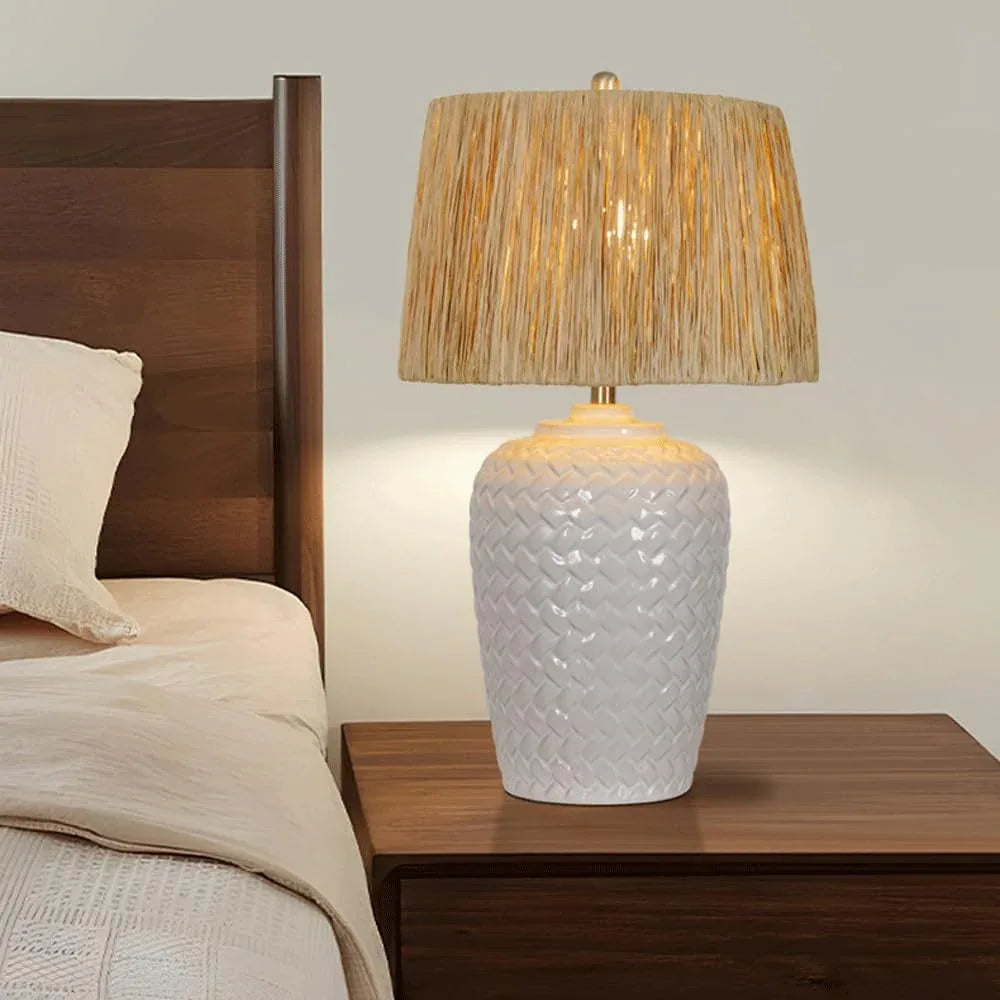 Audara-Wabi-sabi Style Living Room Bedroom Bedside Desk Light Luxury Zen Raffia White Ceramic Desk Lamp Study Couch Side Counter Table Lamp B&B Villa Farmhouse Lighting Fixture