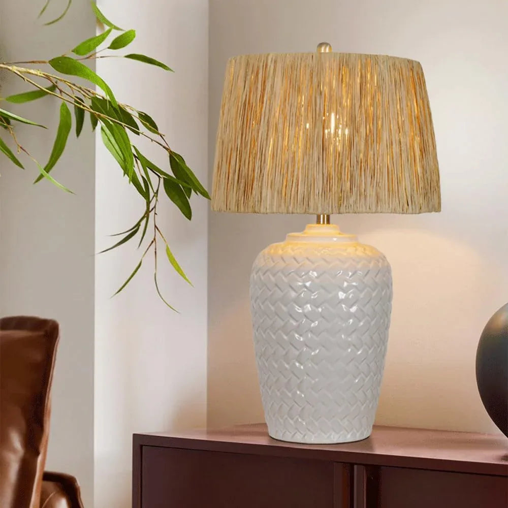 Audara-Wabi-sabi Style Living Room Bedroom Bedside Desk Light Luxury Zen Raffia White Ceramic Desk Lamp Study Couch Side Counter Table Lamp B&B Villa Farmhouse Lighting Fixture