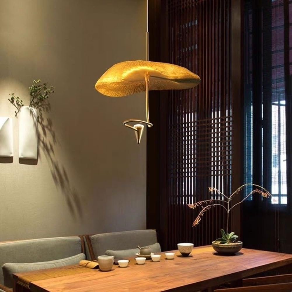Audara-Postmodern Pendant Light, Creative Designer Villa Duplex Staircase Hanging Lamp, Zen Tea Room Personalized Art Lotus Leaf Chandeliers, Copper Natural Color Lighting Fixture