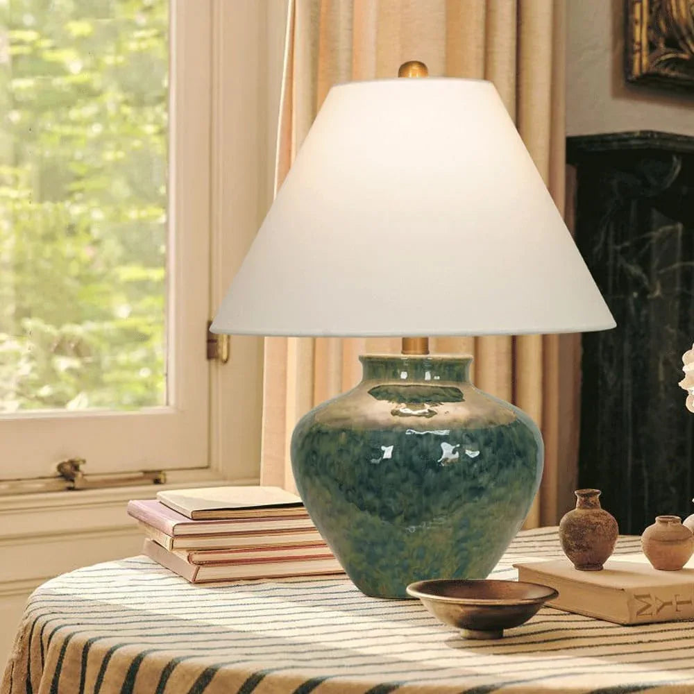 Audara-Wabi-sabi Wind Cloth Green Ceramic Desk Light New Chinese Tea House Study Office Desk Lamp Elegant Living Room Bedroom Bedside Table Lamp B&B Club Mall Villa Lighting Fixture