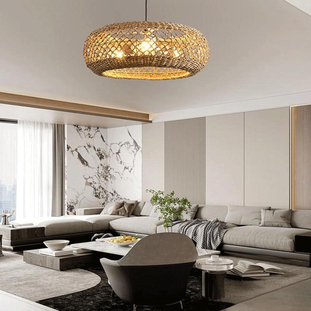 Audara-Chinese Elegant Zen Grass Rattan Color Pendant Light Rattan Round Hanging Lamp E26/E27 Lamp Base Diameter 19.7in Chandeliers For Hallway Stairwell Living Room Bedroom Dining Room Lighting Fixtu