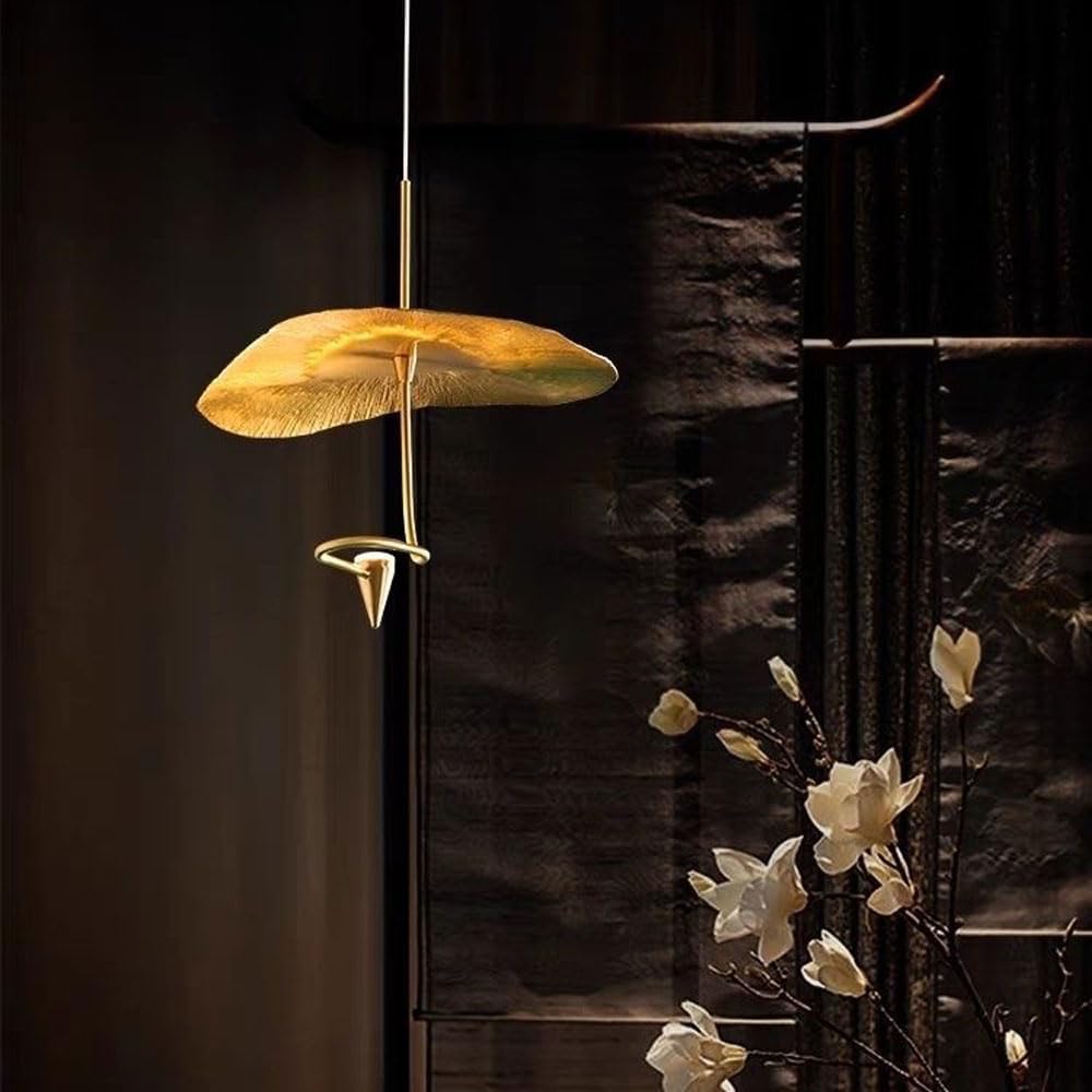 Audara-Postmodern Pendant Light, Creative Designer Villa Duplex Staircase Hanging Lamp, Zen Tea Room Personalized Art Lotus Leaf Chandeliers, Copper Natural Color Lighting Fixture