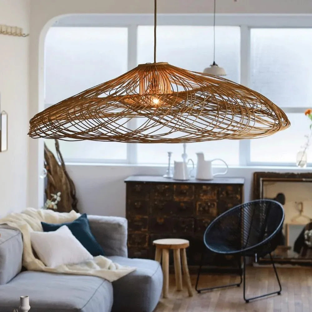 Audara-27in Woven Rattan Pendant Light Bohemian & Wabi-Sabi Style Multi-Functional Ceiling Light Fixture Suitable for Bedrooms, Hotels, Study Rooms, Dining Areas, Entryways & More Retro Lamp