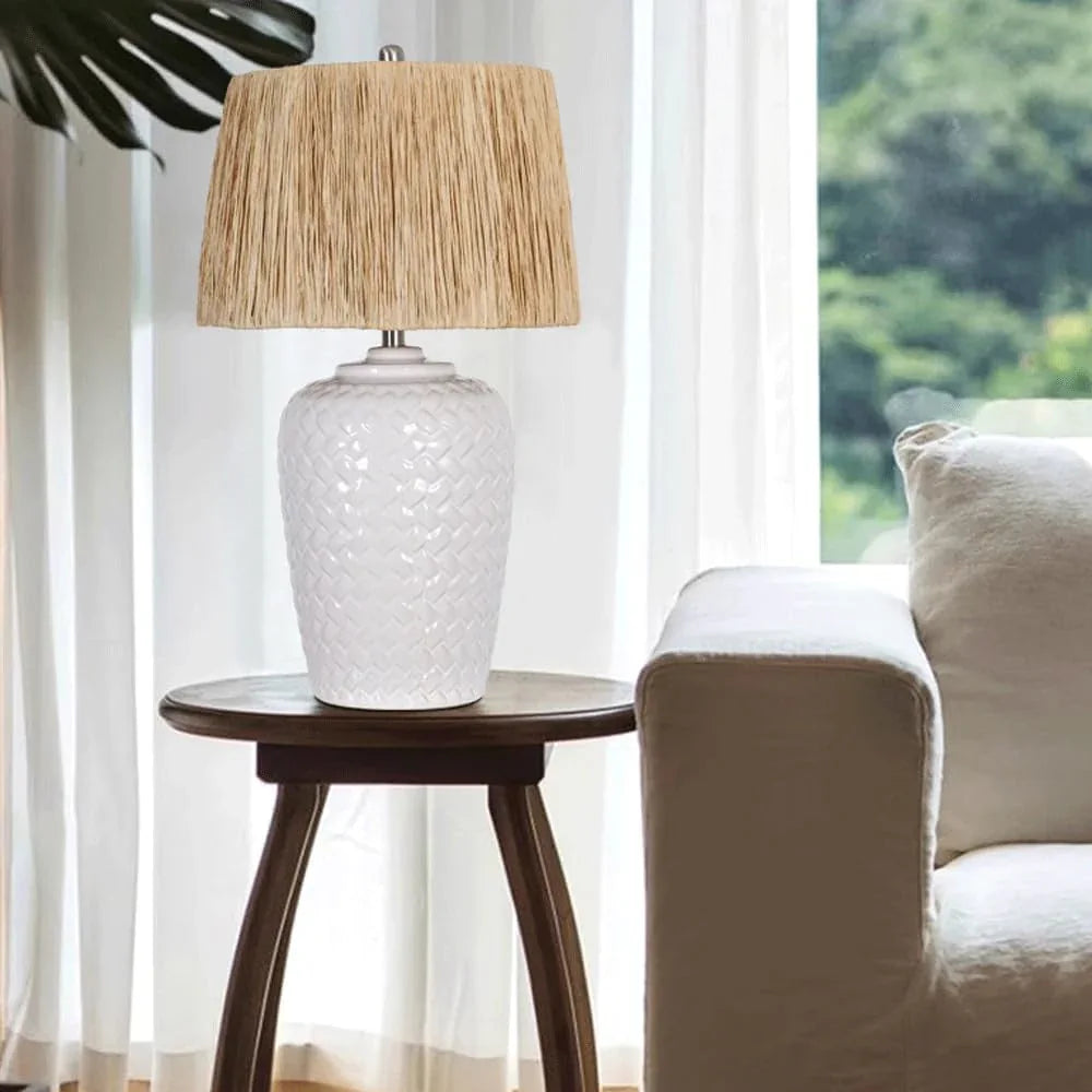 Audara-Wabi-sabi Style Living Room Bedroom Bedside Desk Light Luxury Zen Raffia White Ceramic Desk Lamp Study Couch Side Counter Table Lamp B&B Villa Farmhouse Lighting Fixture