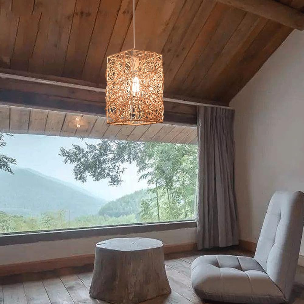 Audara-7-inch Square Woven Pendant Light Metal Frame Paired with Rattan Material Fresh and Elegant Appearance Retro Without Being Old-Fashioned Bohemian Ceiling Light Fixture