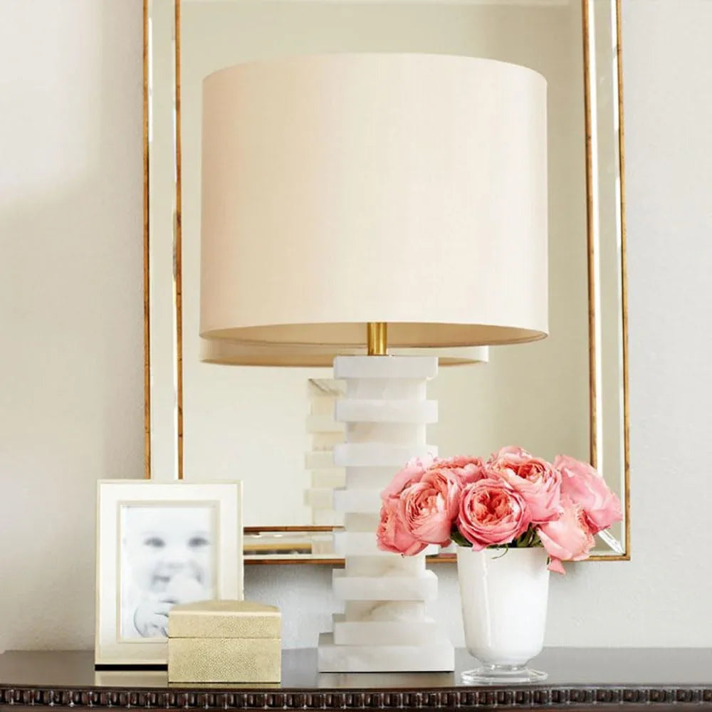 Audara-Modern Light Luxury Bedroom Bedside Desk Light High-end Fashion Fabric Travertine Desk Lamp Hotel Front Desk Villa Farmhouse Lighting Fixture Living Room Office Mall Decoration Table Lamp