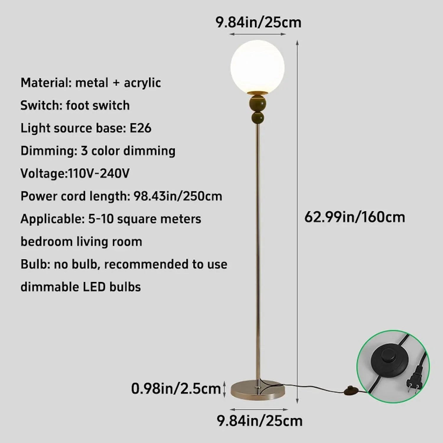 Audara-Scandinavian Minimalist Bedroom Bedside Floor Lamp E26 3 Tone Lighting H63” Living Room Next to Sofa Torchiere White Sphere Acrylic Standing Lamp Villa Club Cafe Lighting Fixture