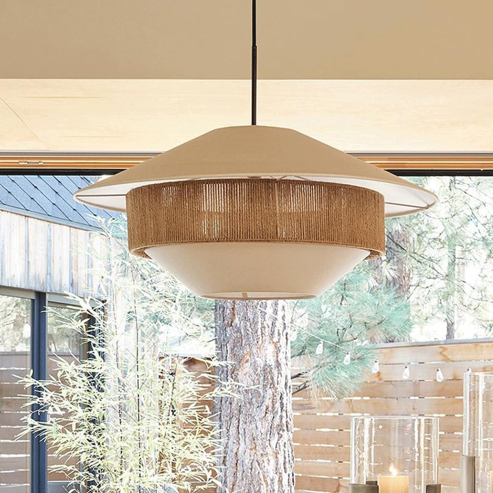 Audara Romantic French Fabric Pendant Light Simple Handmade Rattan Hanging Lamp Living Room Entryway Bedroom Chandeliers Cottage Farmhouse B&B Rustic Decor Lighting Fixture (19.7” Diameter)