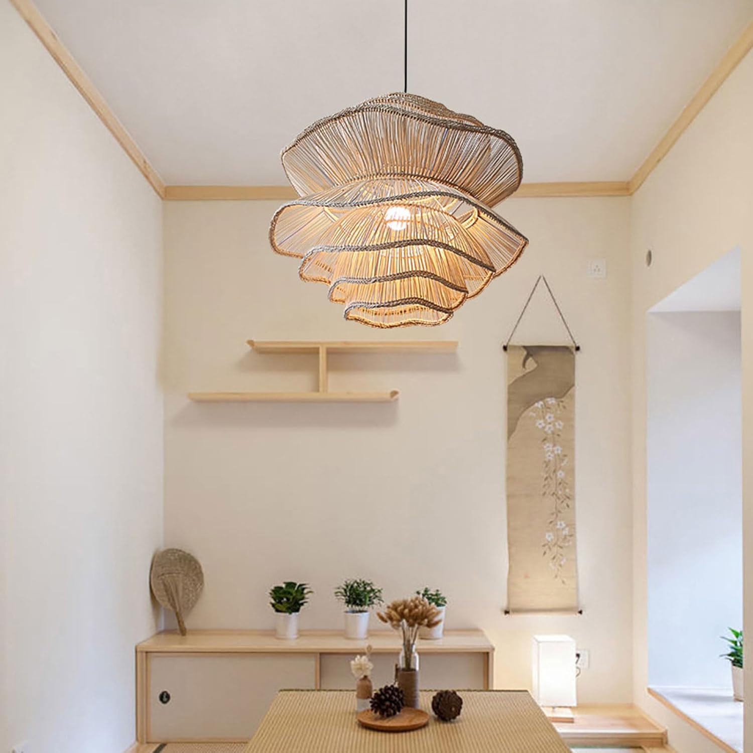 Suspension AudaraMedium, Lustre Japonais en Rotin à 3 Niveaux, Convient pour le Salon, le Couloir, la Ferme, la Maison de Plage, Éclairage Nouveau Chinois (D19.69in/50cm)