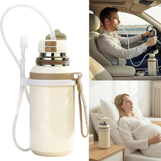 Audara-20 oz With Cup Lid Stainless Steel Vacuum Insulated Bottle,Extended Retractable Straw Travel Mug,Thermo Bottle For Hot Cold Drinks,Long-lasting Insulated Hands-free Water Bottle（Creamy White）