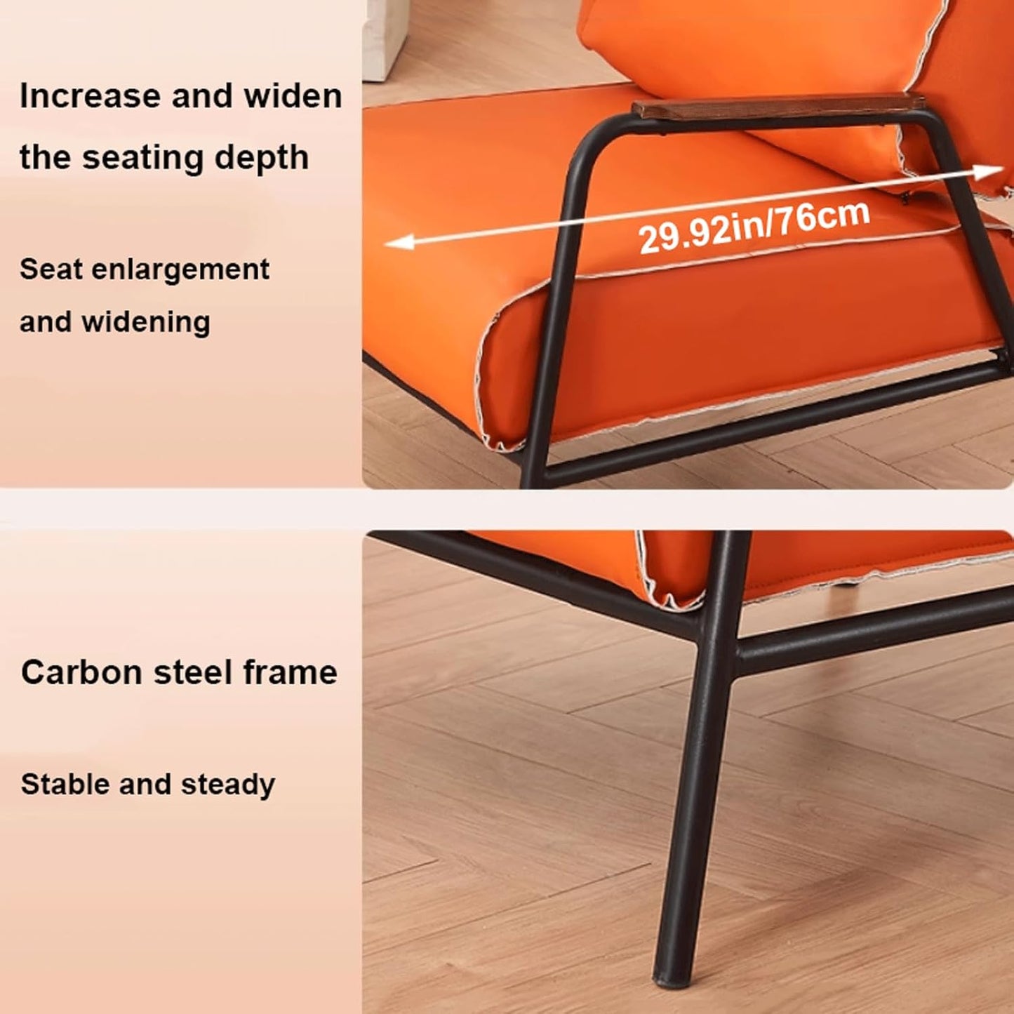 Audara-33 inch Leisure backrest Sofa Chair, Single Bench Orange Wooden armrest Oversized Accent Chair, Detachable backrest Design, Metal Frame, Suitable for Living Room, Bedroom, Reading Room