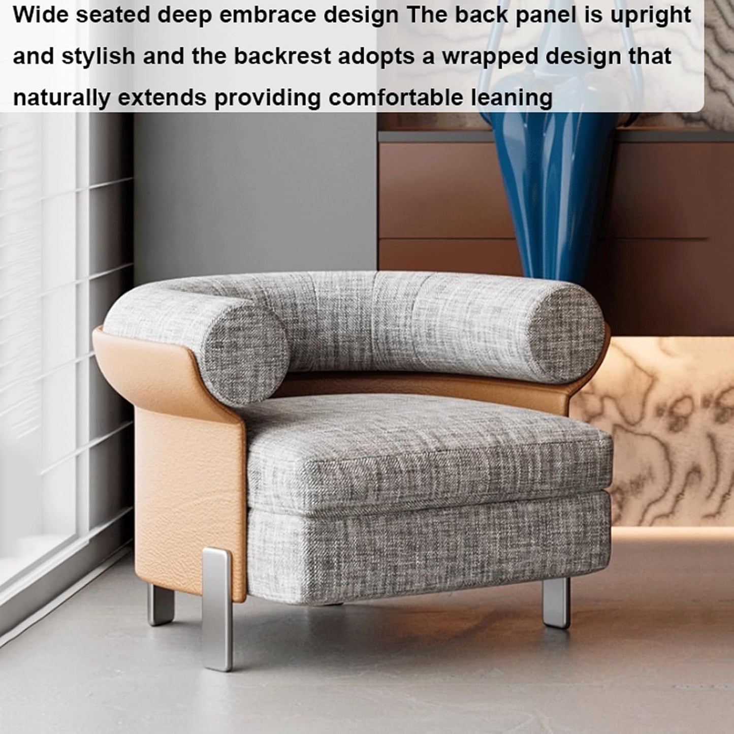 Audara-35 inch Black Leather Casual backrest Accent Chairs for Living Room, Gray Cotton Linen Single Sofa Chair, Free Installation Suitable for Living Room, Reception Room, Hotel