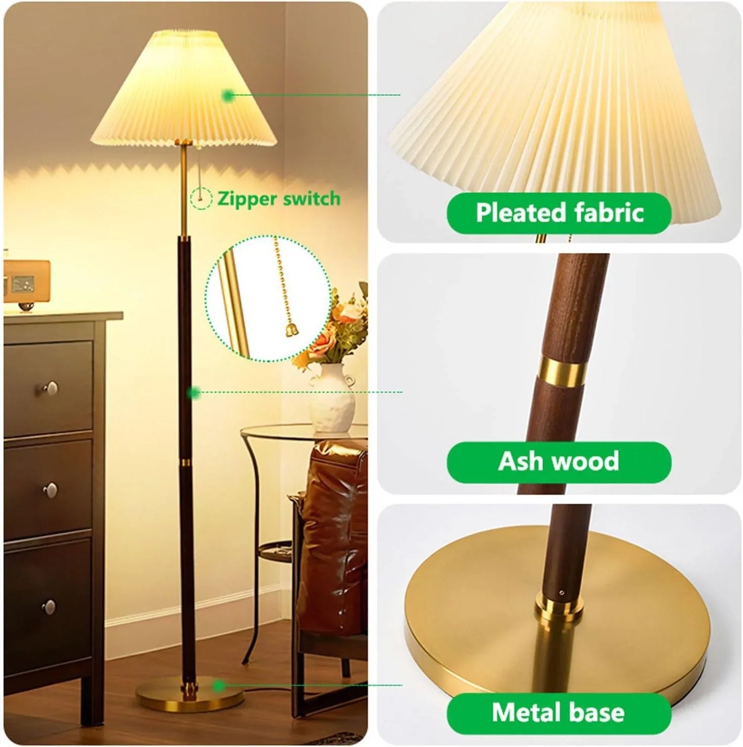 Audara-Vintage Creative Zipper Open Light Living Room Sofa Side Floor Lamp H59” Handmade Fabric Metal Standing Lamp E26 Three Tone Light Study Bedroom Torchiere Rustic Lighting Fixture