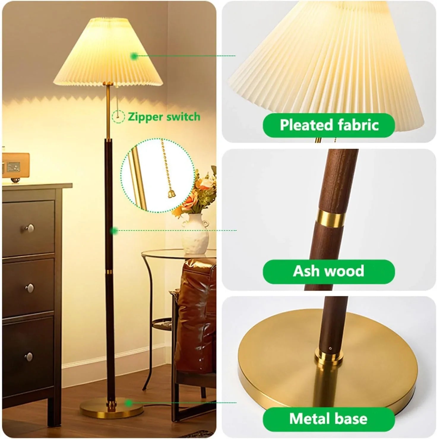 Audara-Vintage Creative Zipper Open Light Living Room Sofa Side Floor Lamp H59” Handmade Fabric Metal Standing Lamp E26 Three Tone Light Study Bedroom Torchiere Rustic Lighting Fixture