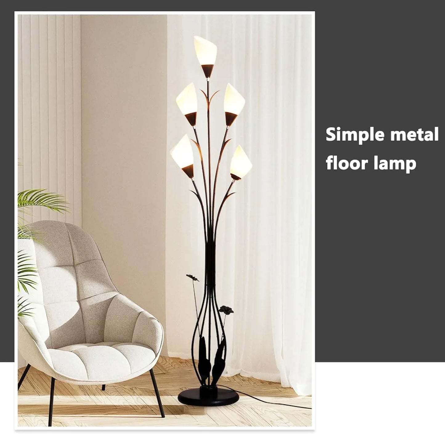 Audara-Creative Simple Study Bedroom Floor Lamp Black E26 5 Light Source Tri-Color Dimming Metal Acrylic Standing Lamp H66in Living Room Couch Side Torchiere Villa Club Dining Room Lighting Fixture