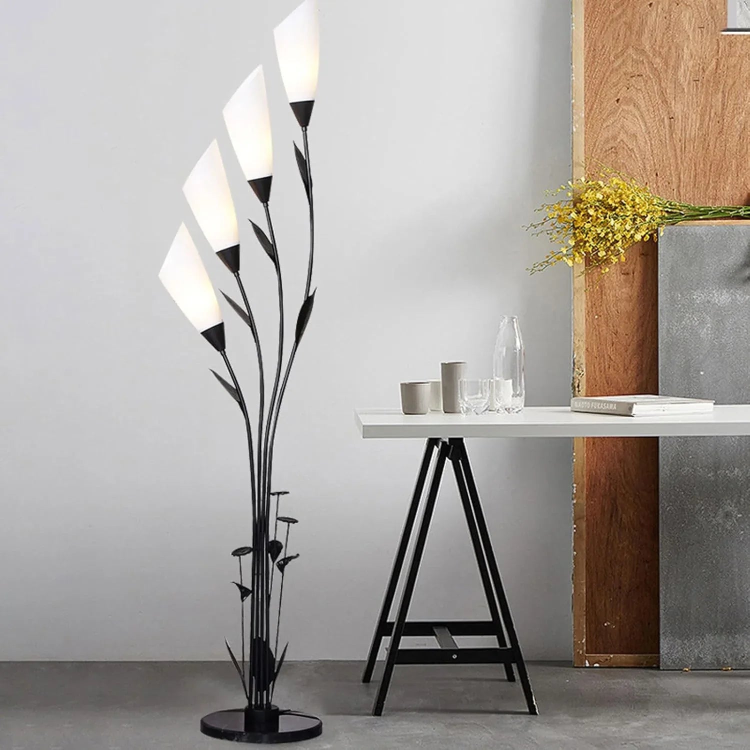 Audara-Creative 4 Light Source Flower Shape Living Room Floor Lamp H66.14in Black Metal Standing Lamp Study Office Sofa Beside Torchiere Bedroom Balcony Model HomeLighting Fixture
