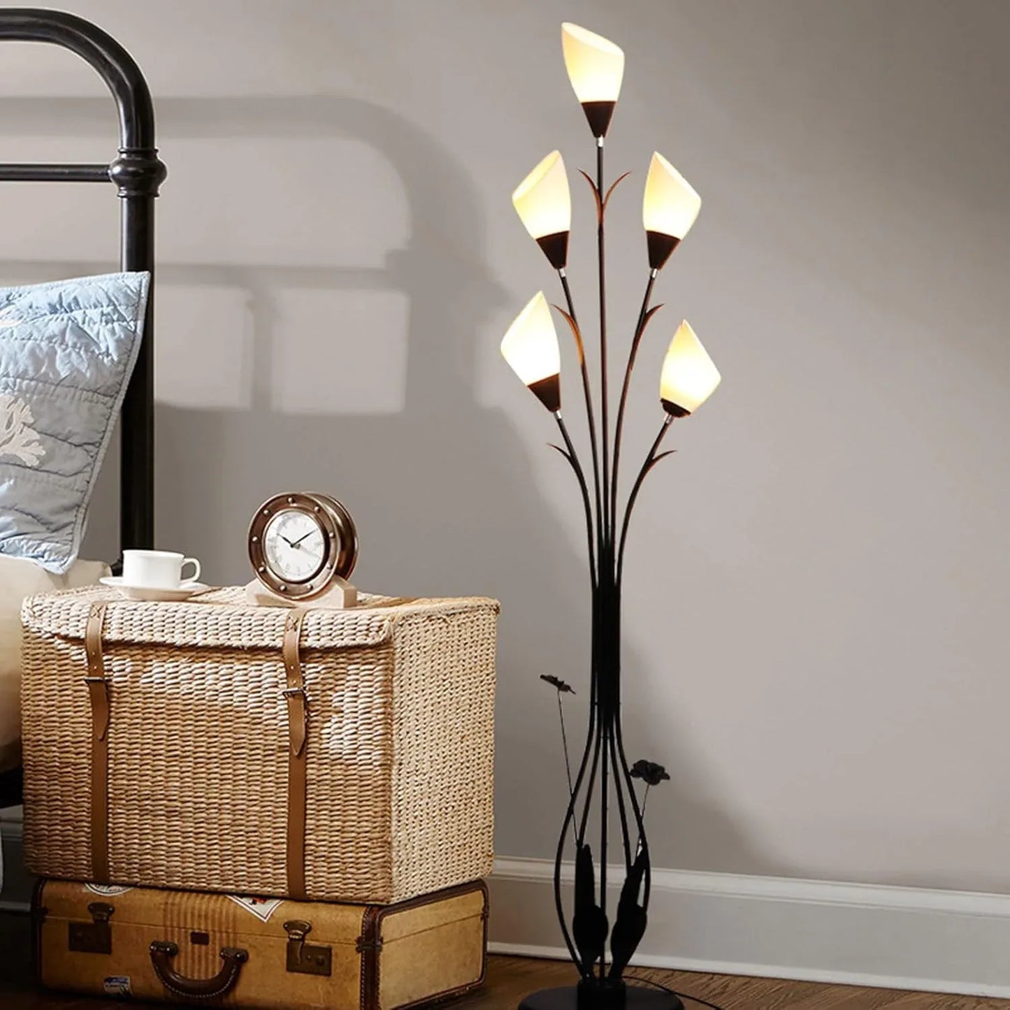 Audara-Creative Simple Study Bedroom Floor Lamp Black E26 5 Light Source Tri-Color Dimming Metal Acrylic Standing Lamp H66in Living Room Couch Side Torchiere Villa Club Dining Room Lighting Fixture
