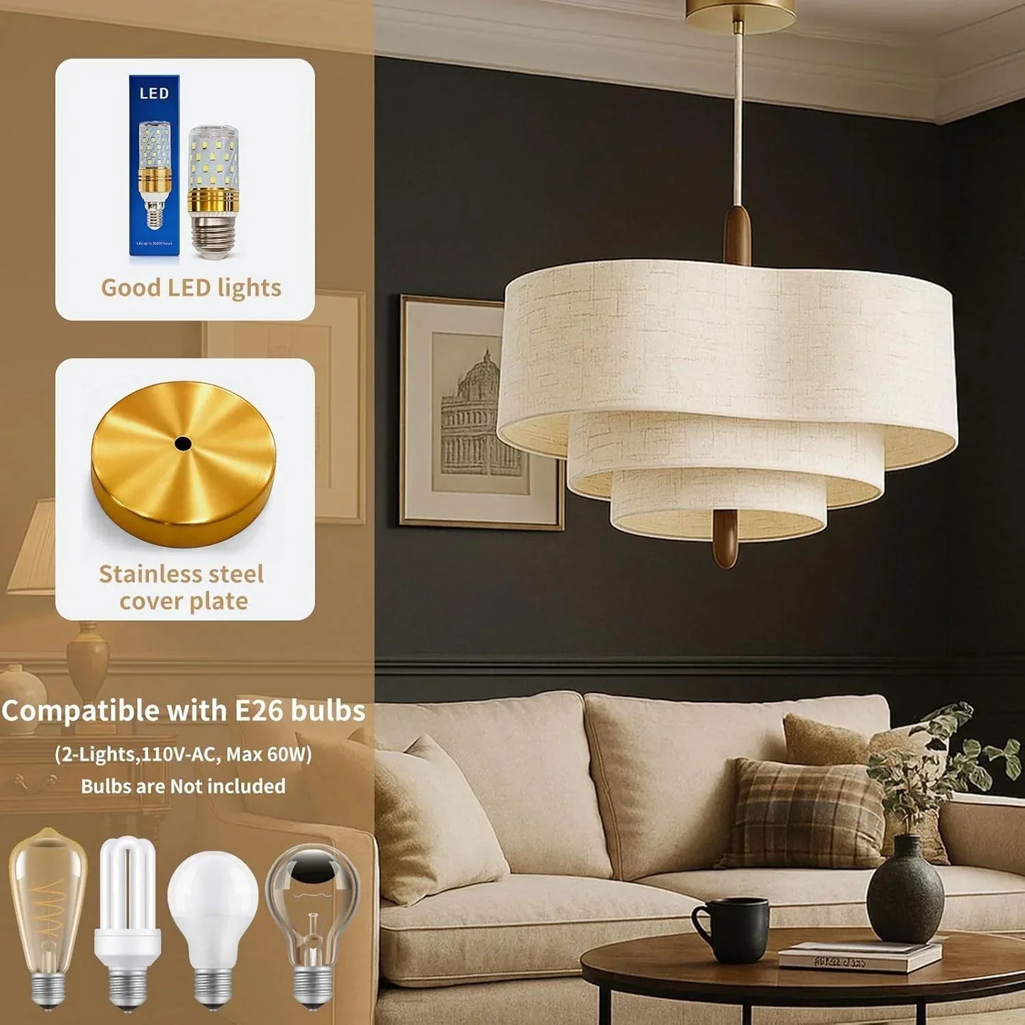 Audara 17.7" 3-Tier White Fabric LED Chandelier | Dimmable 3-Color Pendant Light | Boho Minimalist Hanging Lamp for Dining Room Bedroom
