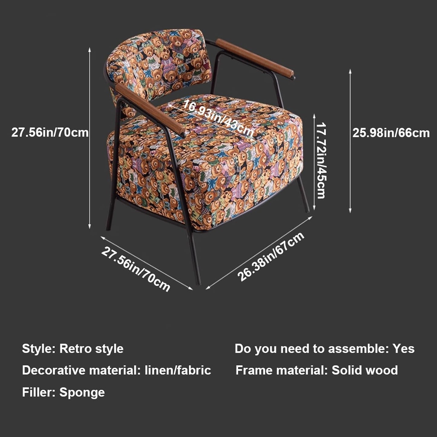 Audara-28 inch Casual Armchair Sofa Chair, Brown Leather Decorative Chair, Retro Style Sofa, Carbon Steel Chair Legs, Suitable for Living Room, Bedroom, Dining Room.