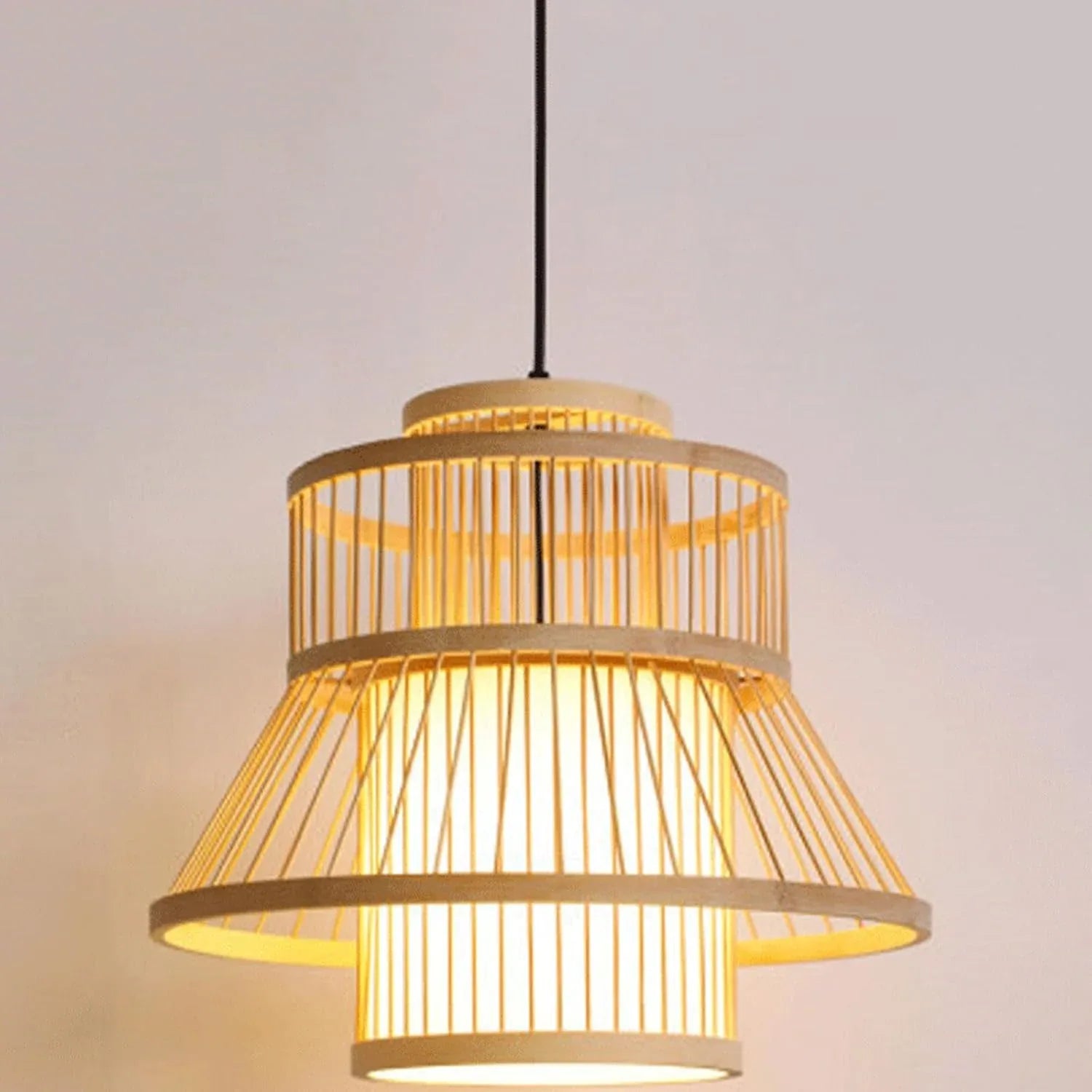 Audara-16-inch Woven Pendant Light Bamboo Frame Paired with Parchment Lampshade Blends Bohemian, Wabi-Sabi, and Tropical Styles Ceiling Light Fixture Suitable for Bedrooms, Hotels, and Entryways