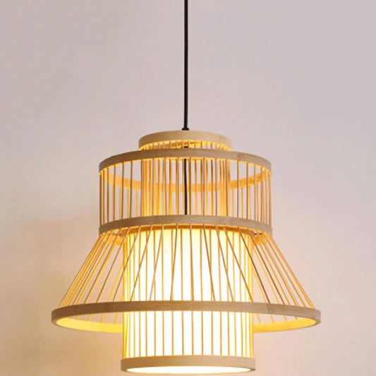 Audara-16-inch Woven Pendant Light Bamboo Frame Paired with Parchment Lampshade Blends Bohemian, Wabi-Sabi, and Tropical Styles Ceiling Light Fixture Suitable for Bedrooms, Hotels, and Entryways