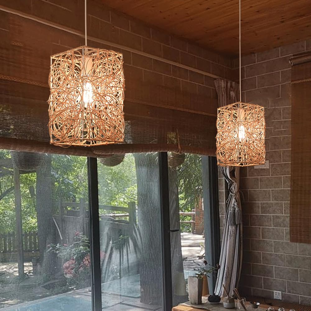 Audara-7-inch Square Woven Pendant Light Metal Frame Paired with Rattan Material Fresh and Elegant Appearance Retro Without Being Old-Fashioned Bohemian Ceiling Light Fixture