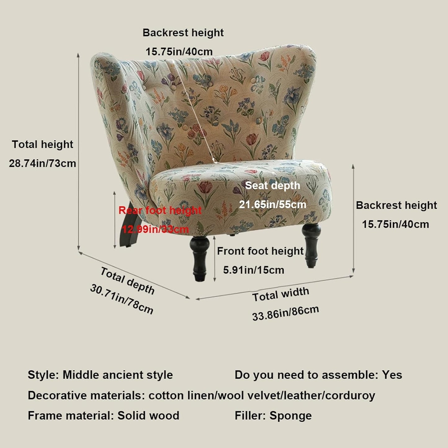 Audara-Floral Fabric Leisure Single Sofa Chair 34 Inch Small-Sized Compact Living Room Chairs with Wrap Around Wingback Chair Furniture Suitable for Bedrooms, Offices, and Hotels