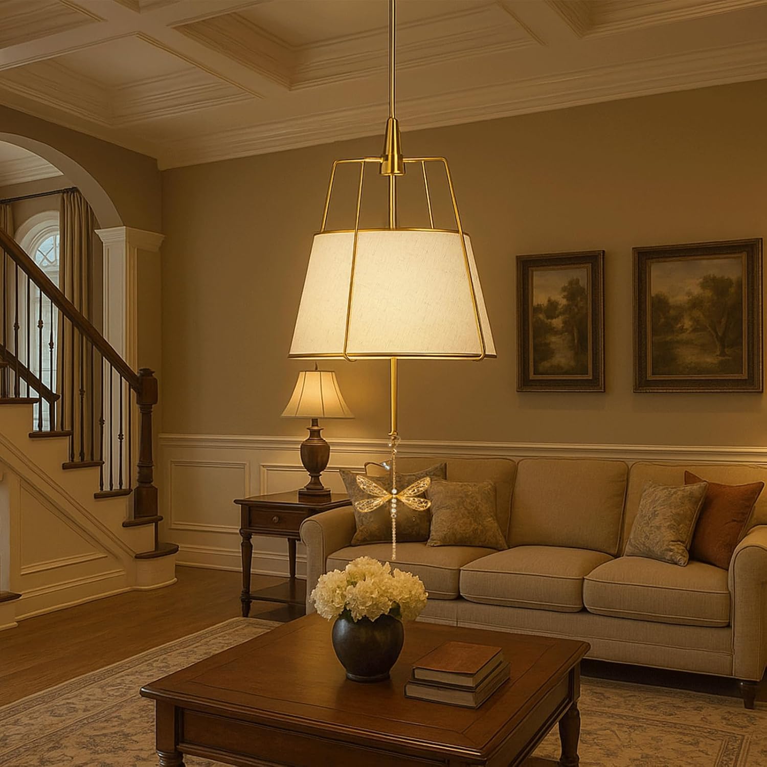 Lustre Tambour Audara-D16in avec Décoration Libellule, Suspension Luminaire Tambour en Lin avec Cadre Métallique, 3 Couleurs Gradables, Convient au Salon, à la Chambre et à la Salle à Manger