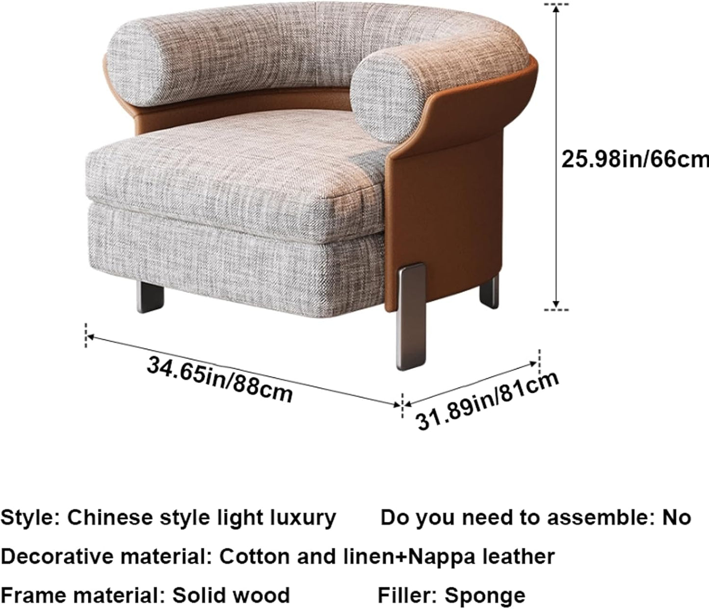 Audara-35 inch Black Leather Casual backrest Accent Chairs for Living Room, Gray Cotton Linen Single Sofa Chair, Free Installation Suitable for Living Room, Reception Room, Hotel