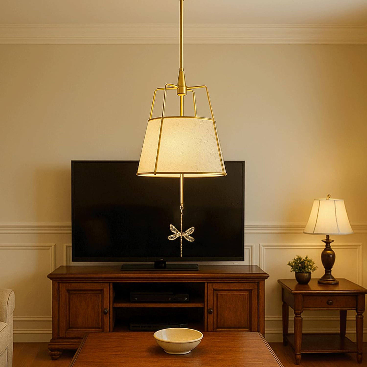 Lustre Tambour Audara-D16in avec Décoration Libellule, Suspension Luminaire Tambour en Lin avec Cadre Métallique, 3 Couleurs Gradables, Convient au Salon, à la Chambre et à la Salle à Manger