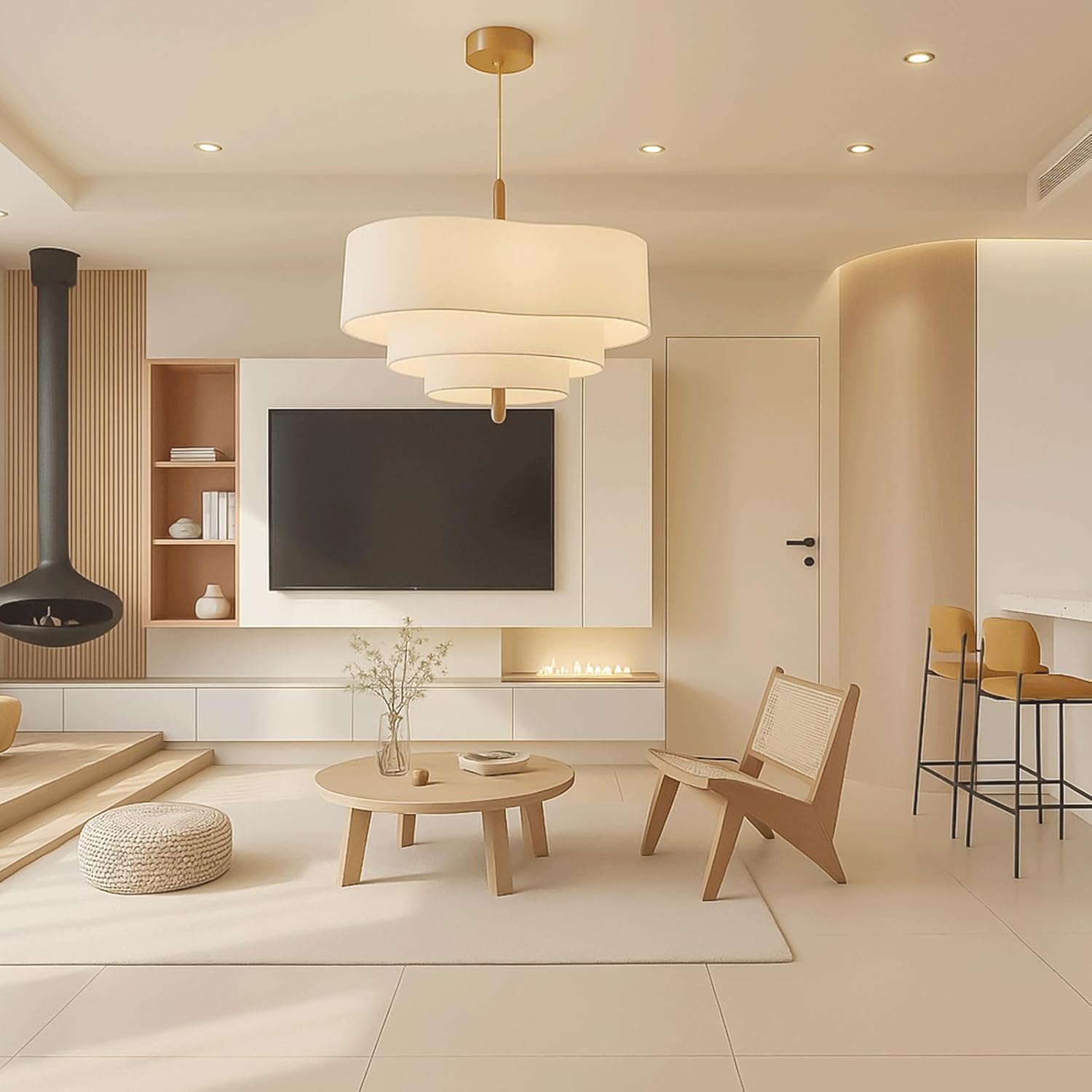 Audara 17.7" 3-Tier White Fabric LED Chandelier, 2-Light 3-Color Dimmable Pendant Light Fixture with Metal Frame & Solid Wood Accents, Warm Minimalist Boho Hanging Lamp for Dining Room Bedroom Living Room