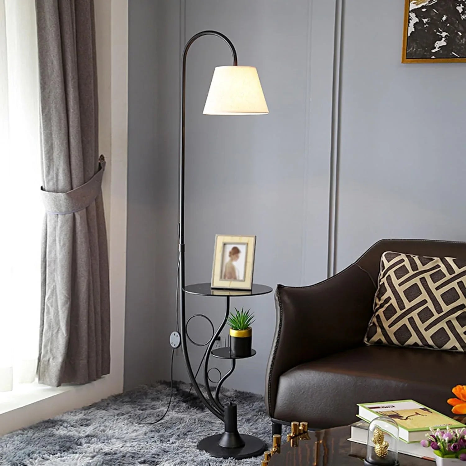 Audara-Light Luxury Double Coffee Table Bedroom Living Room Floor Lamp Elegant Creative Study Room Office Sofa Beside Standing Lamp H63.7” 3 Color Tone Linen Metal Torchiere Hotel Mall Lighting Fixture