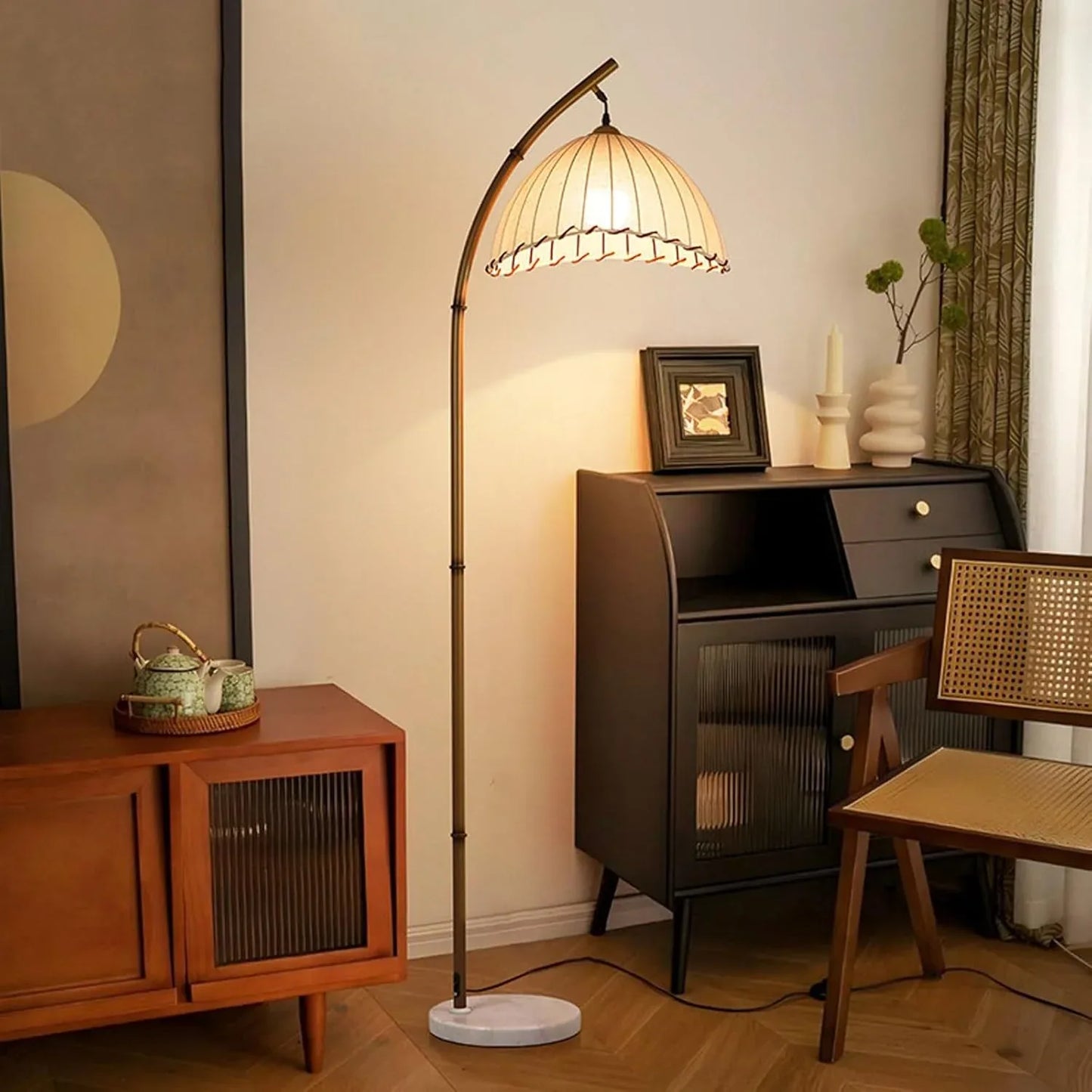 Audara-Vintage Nature B&B Farmhouse Rustic Floor Lamp H64” Handmade Fabric Metal Standing Lamp Remote Control Dimming E26 Single Light Source Living Room By Sofa Torchiere Bedroom Study Lighting Fixture
