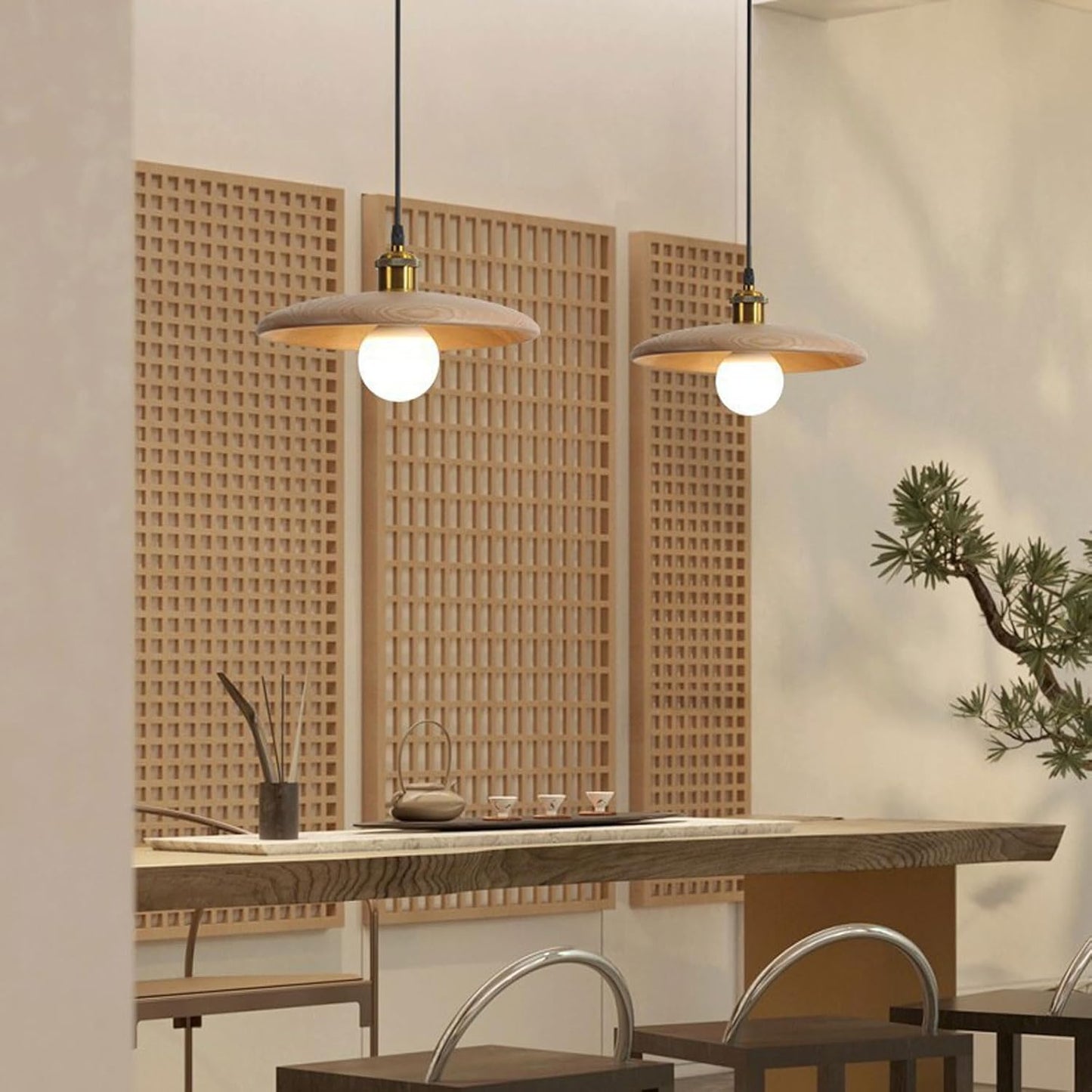 Audara-Japanese Wabi-sabi Round Plate Wooden Pendant Light E27 Single Head Hotel Restaurant Front Desk Hanging Lamp B&B Tea Room Living Room Brown Chandeliers Coffee Shop Lighting Fixtures