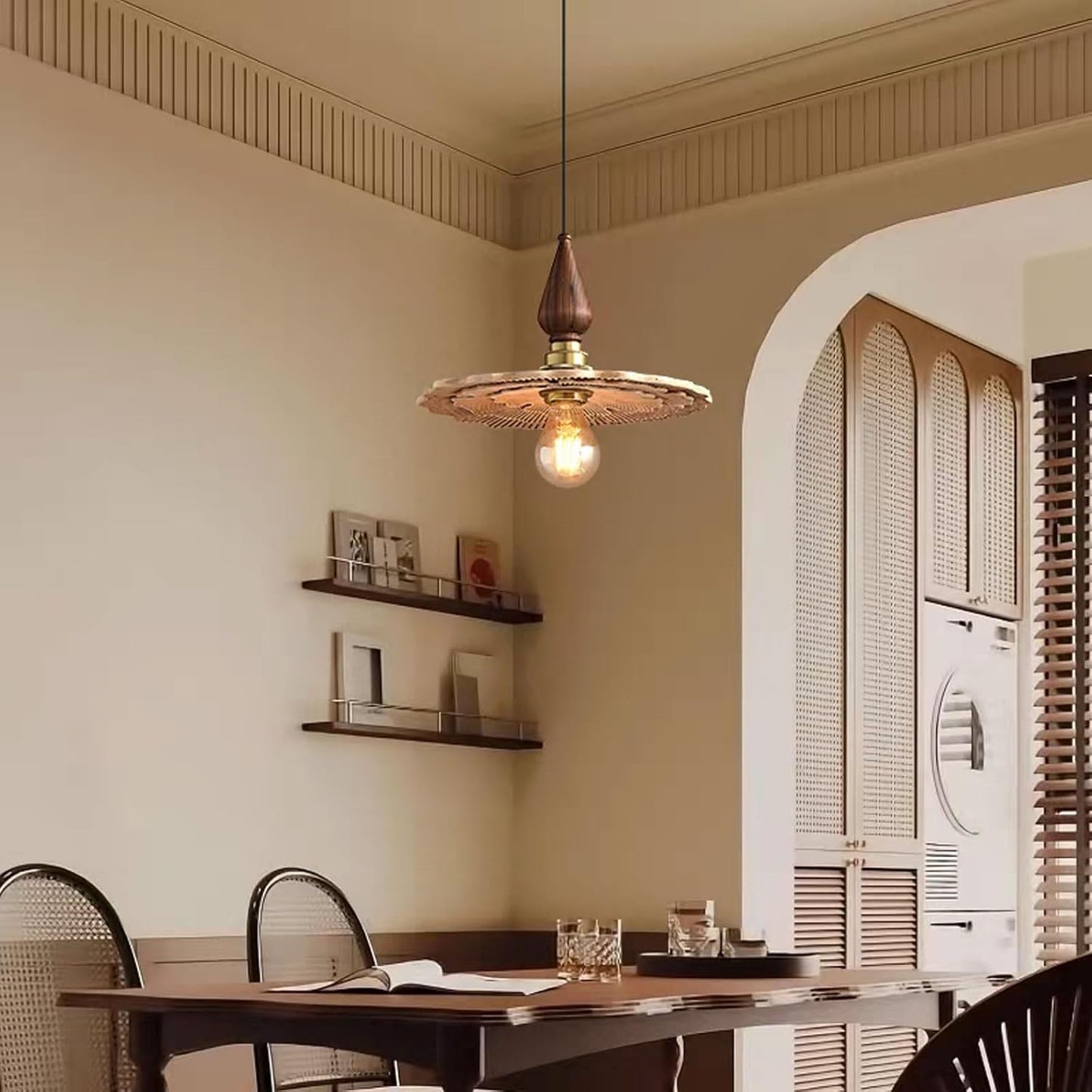 Audara-Wood Color Lotus Leaf Resin Pendant Light Gold Aluminum Body Bedroom Bedside Hanging Lamp 10.23in E27 Base Single Head Living Room Dining Chandeliers Cafe Lighting Fixtures
